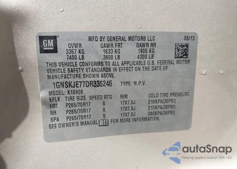 2013 Chevrolet Suburban 1500 Lt z USA, uszkodzony, nr VIN 1GNSKJE77DR335246